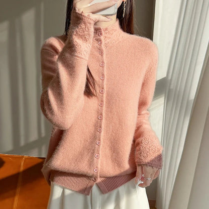 Women's Fuzzy Brushed Cardigan High Neck Buttons