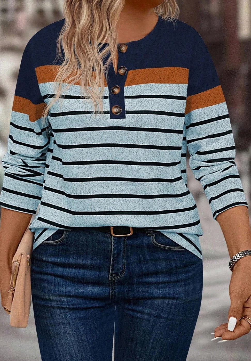 Women's Striped Henley Top Color Block Yoke