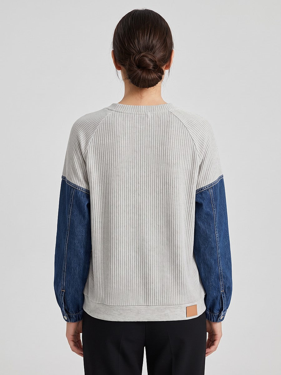 Women's Drawstring Hem Denim Sleeve Sweater