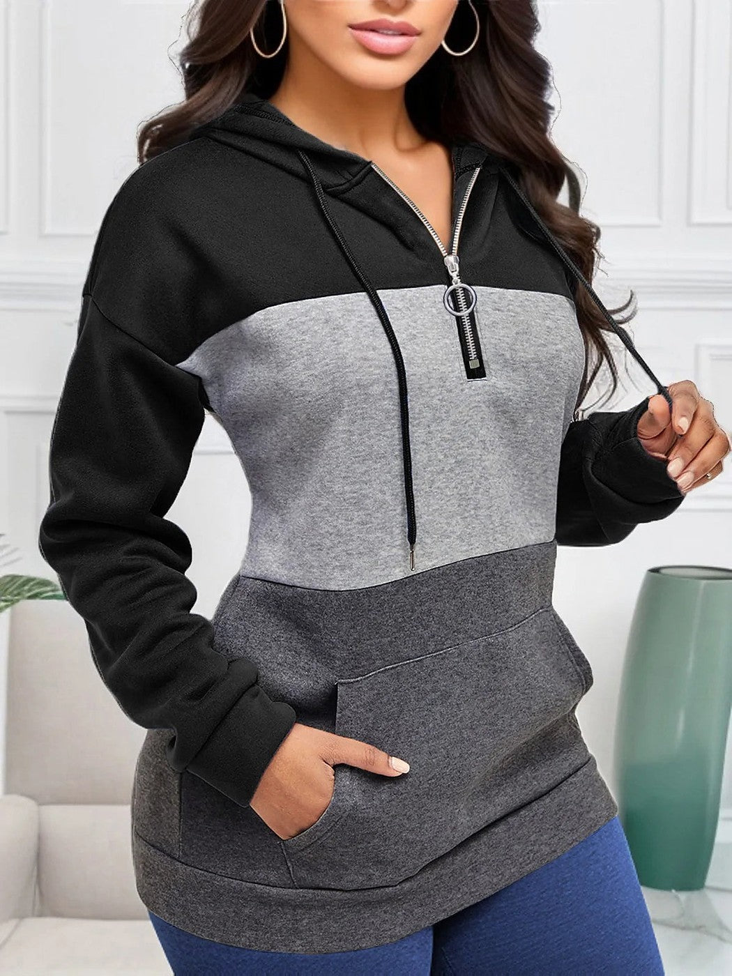 Women's Color Block Fleece Hoodie Kangaroo Pocket