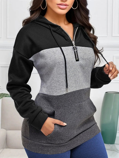 Women's Color Block Fleece Hoodie Kangaroo Pocket