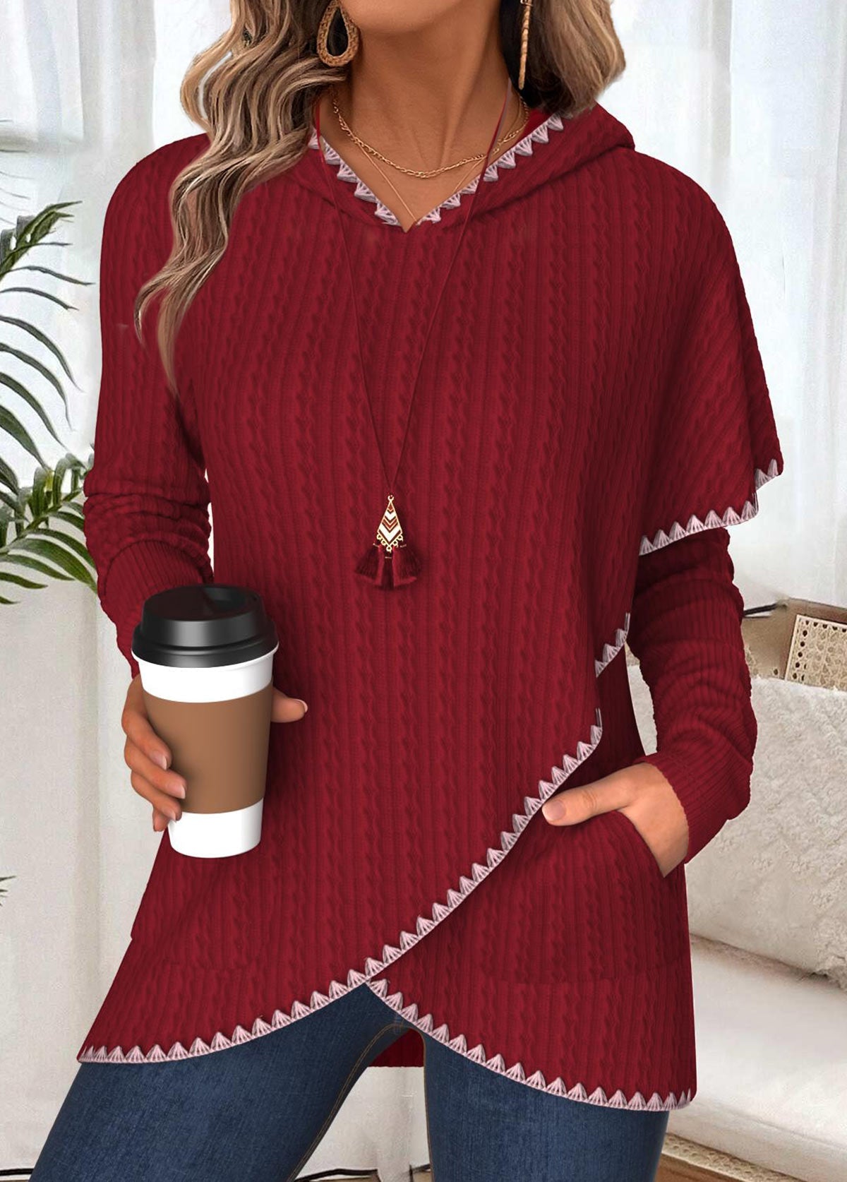 Women's Crossover Hem Ribbed Winter Hoodie