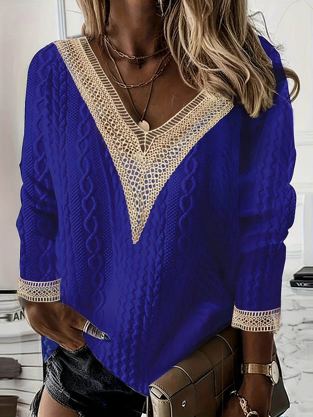 Women's Cable Knit Crochet V Neck Pullover
