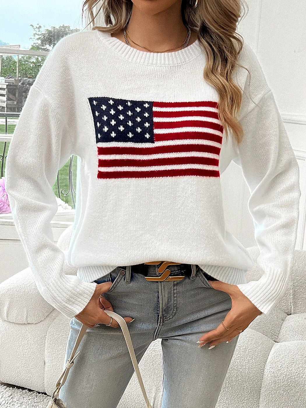 Women's American Flag Intarsia Knit Pullover