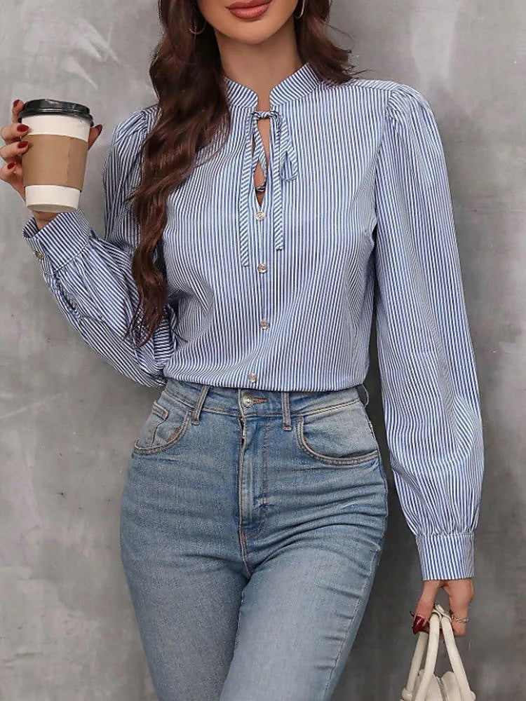 Women's Soft Knit Striped Blouse Tie Sleeve