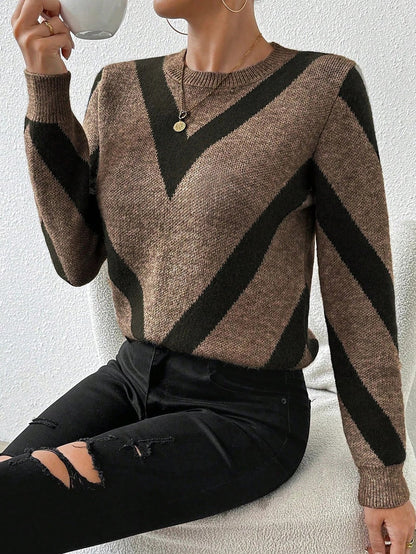 Women's Chevron Intarsia Pullover Sweater Ribbed Cuffs