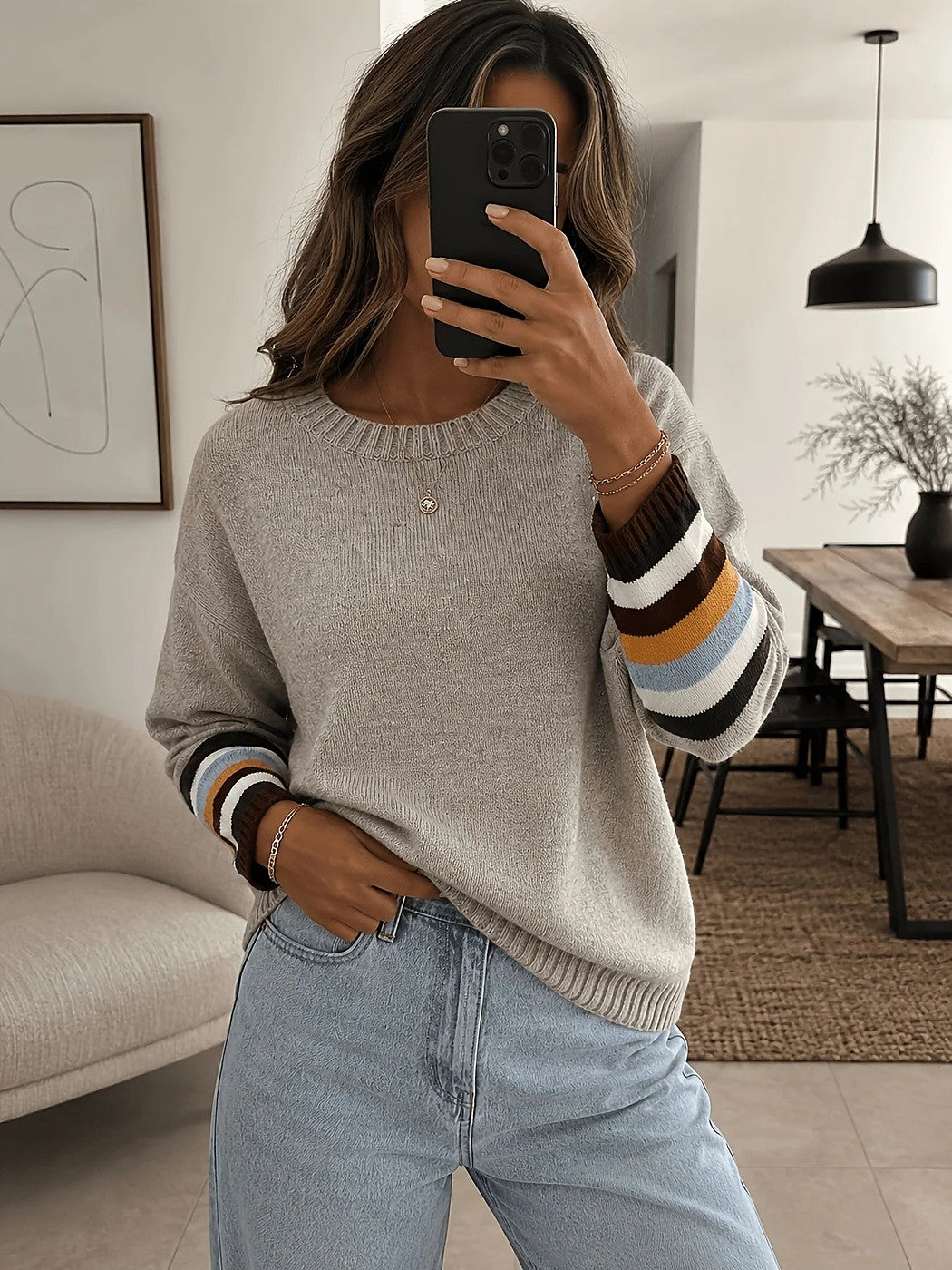 Women's Crew Neck Sweater Contrast Stripe Cuffs