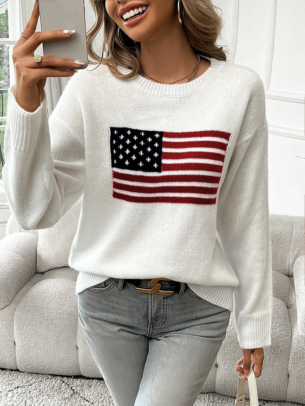 Women's American Flag Intarsia Knit Pullover
