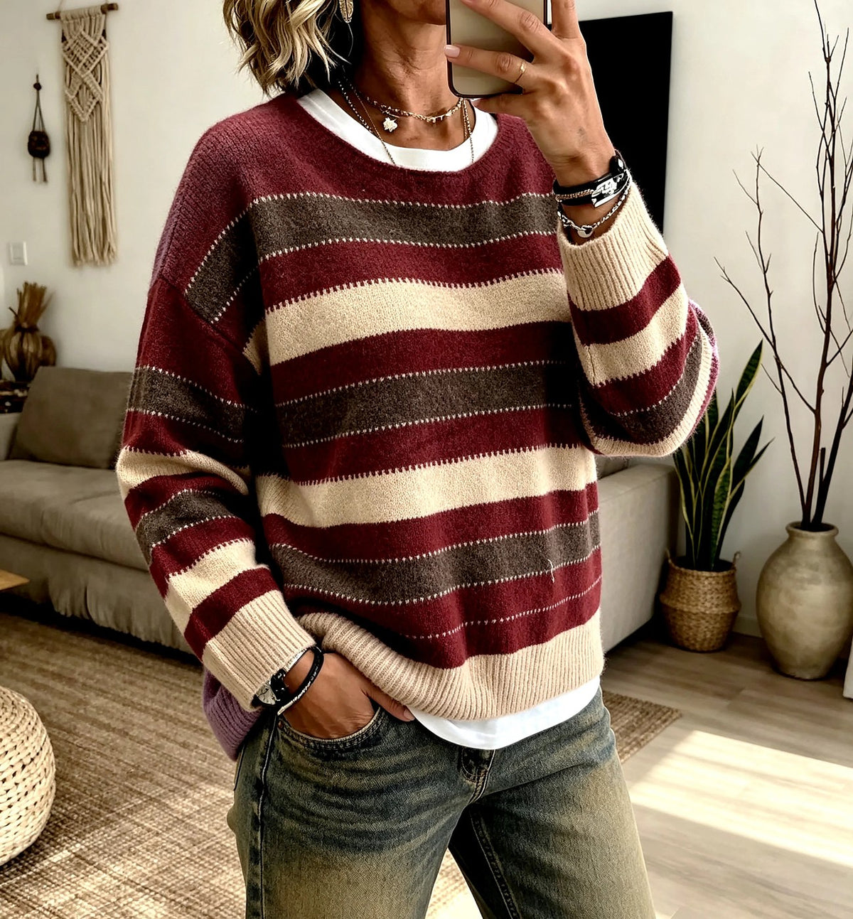 Women's Striped Crew Neck Sweater Drop Shoulder