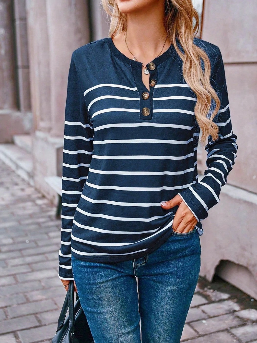 Women's Striped Henley Top Color Block Yoke