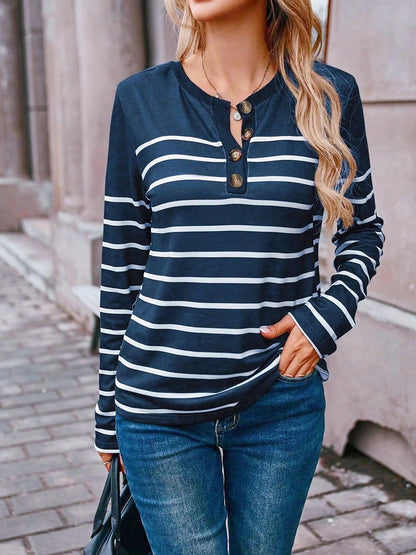 Women's Striped Henley Top Color Block Yoke
