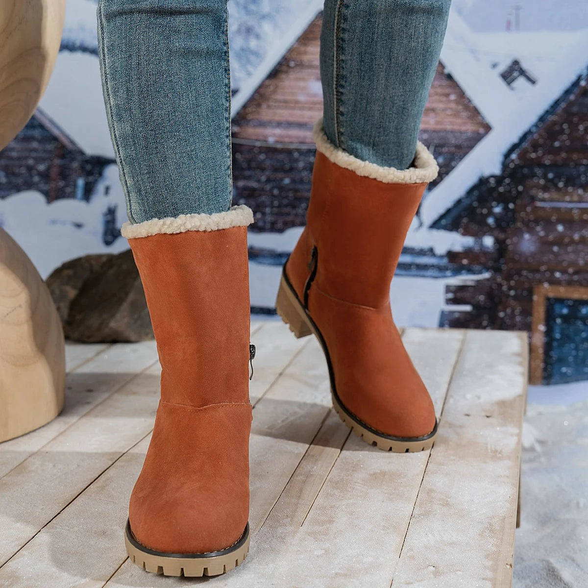 Women's Sherpa Collar Warm Block Heel Boots