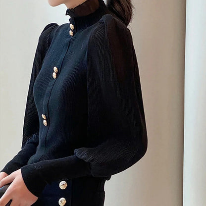 Women's Soft Knit Ruffle Neck Button Sleeve