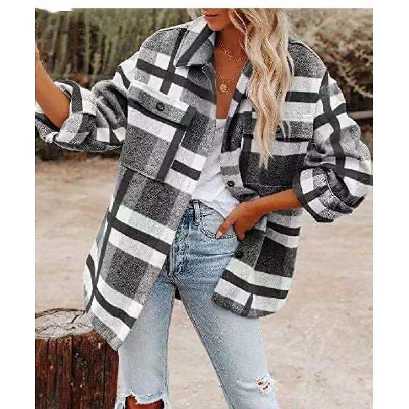 Women's Plaid Shacket Button Front Chest Pockets