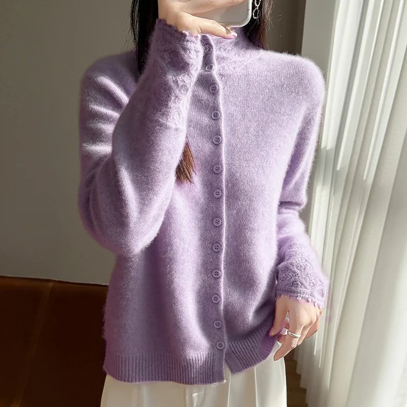 Women's Fuzzy Brushed Cardigan High Neck Buttons