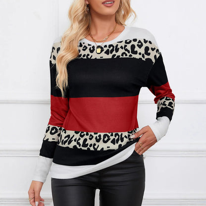Women's Leopard Print Panel Round Neck Top