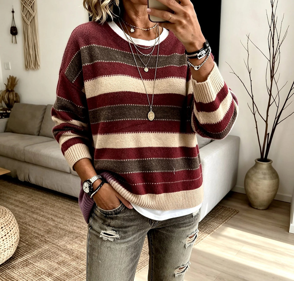 Women's Striped Crew Neck Sweater Drop Shoulder