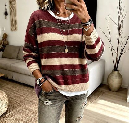 Women's Striped Crew Neck Sweater Drop Shoulder