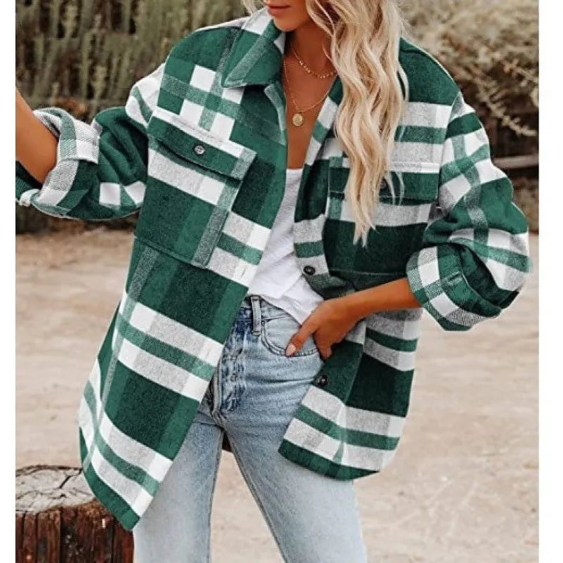 Women's Plaid Shacket Button Front Chest Pockets