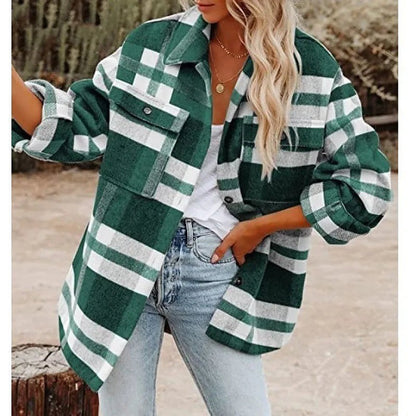 Women's Plaid Shacket Button Front Chest Pockets