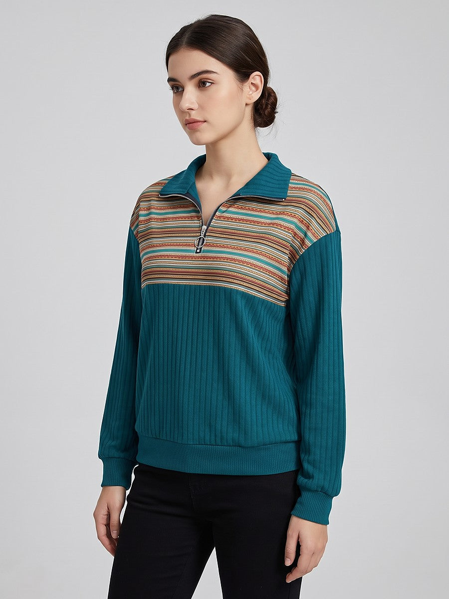 Women's Striped Patchwork Crewneck Fall Sweatshirt