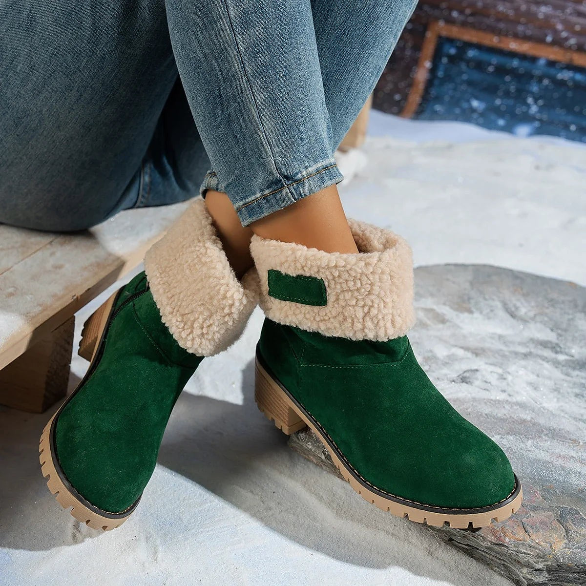 Women's Sherpa Collar Warm Block Heel Boots