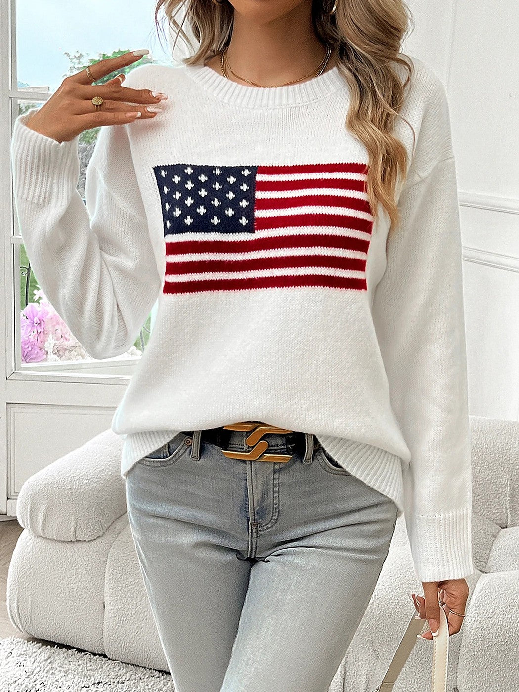 Women's American Flag Intarsia Knit Pullover