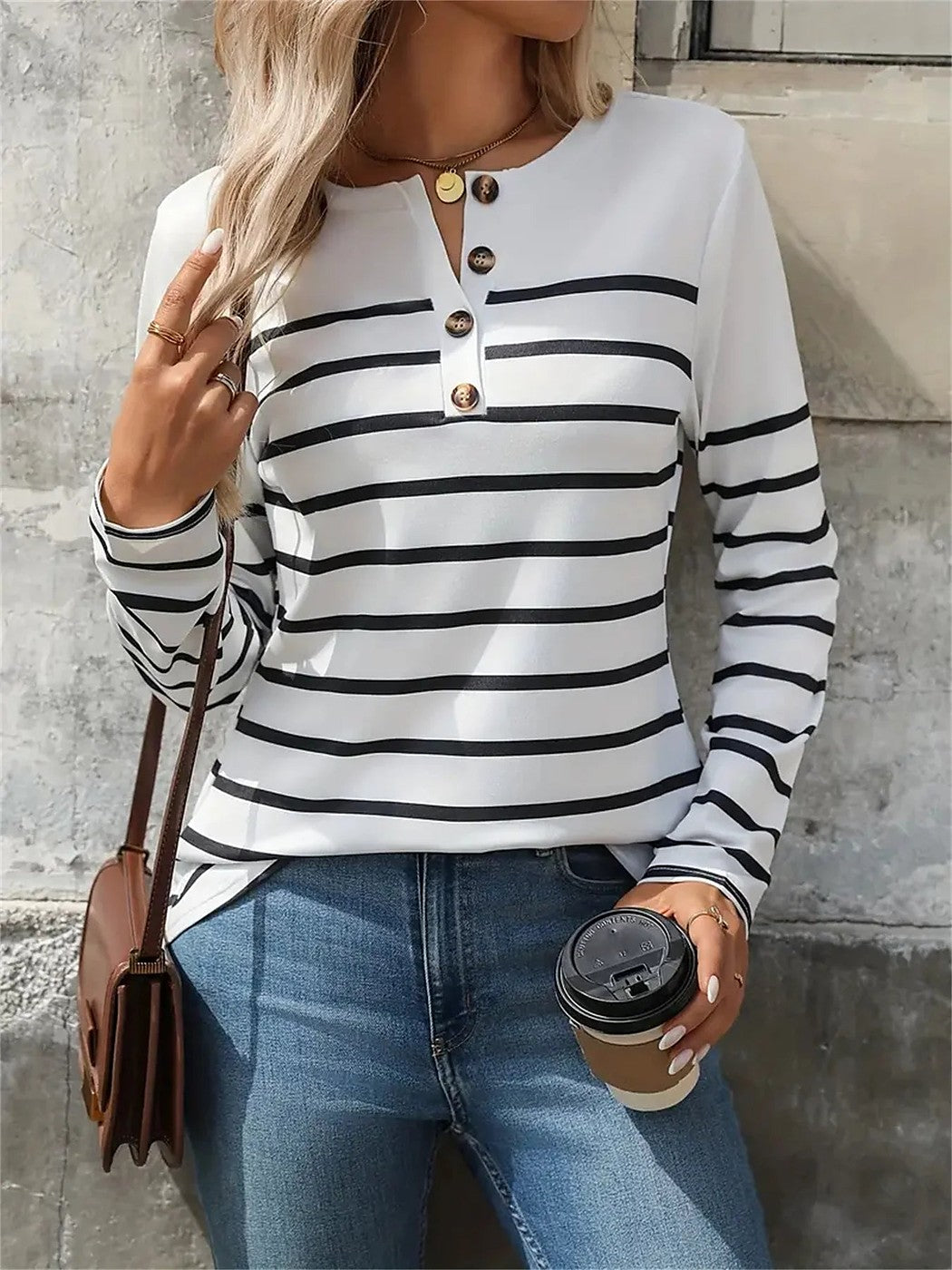Women's Striped Henley Top Color Block Yoke