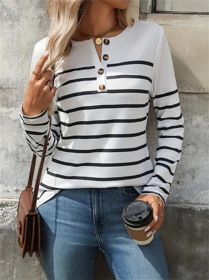Women's Striped Henley Top Color Block Yoke