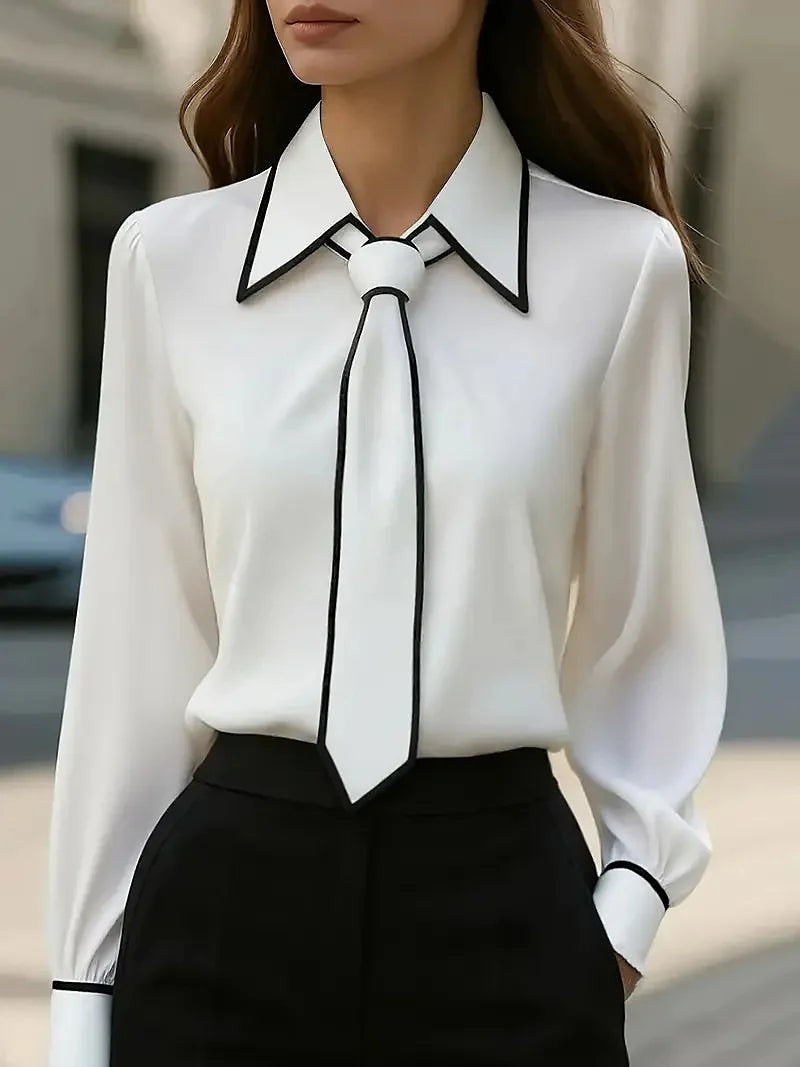 Women's Necktie Button Up Shirt Contrast Piping