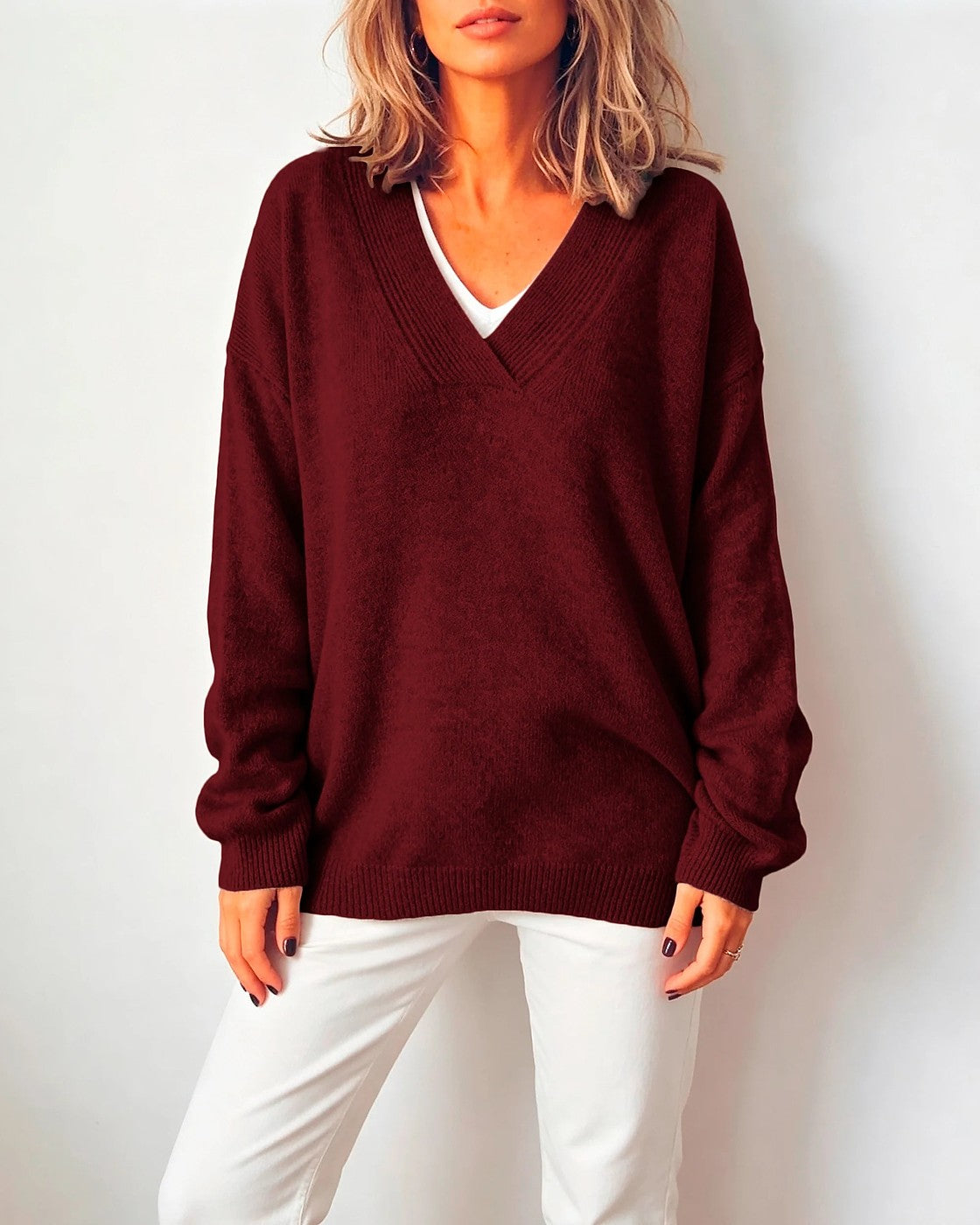 Women's Soft Knit Oversized V Neck Shoulder