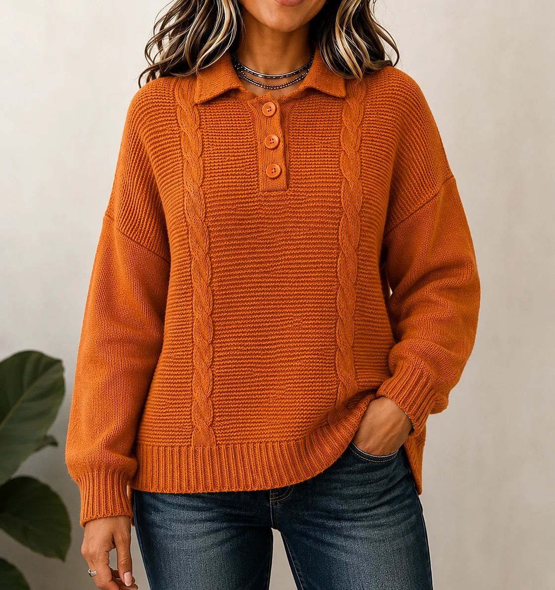 Women's Cable Knit Polo Sweater Button Placket