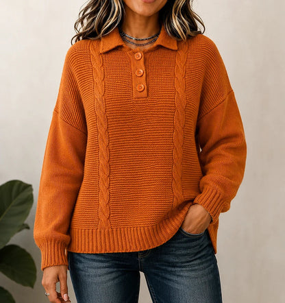 Women's Cable Knit Polo Sweater Button Placket