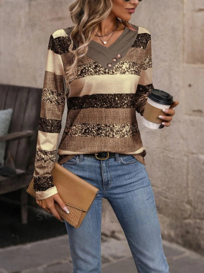 Women's Sequin Stripe Knit Top Notch Collar