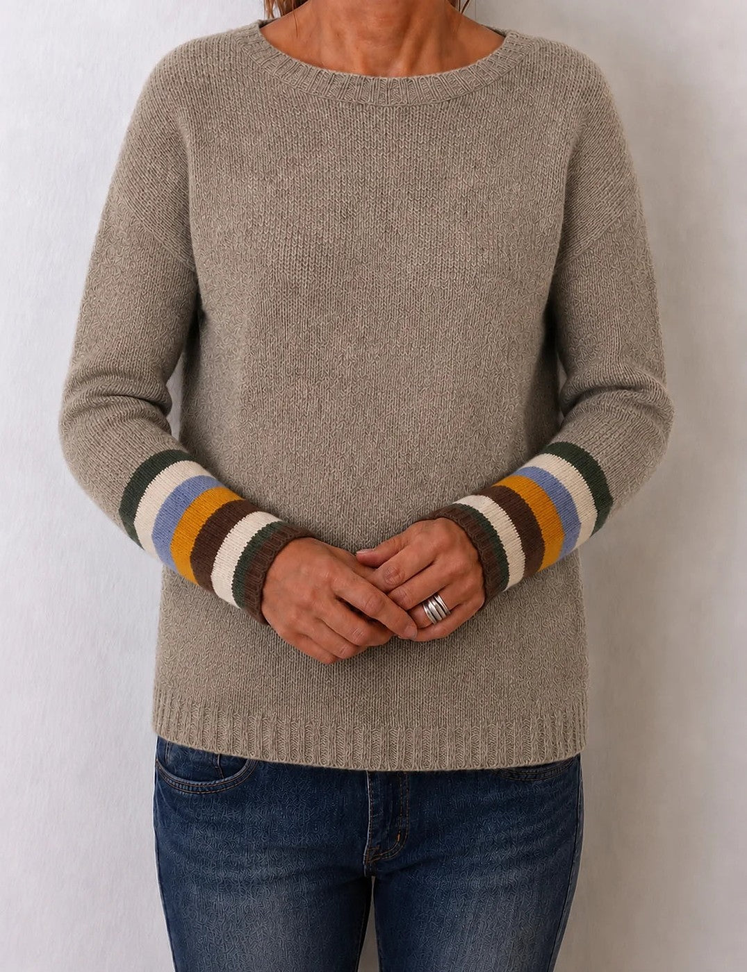 Women's Crew Neck Sweater Contrast Stripe Cuffs