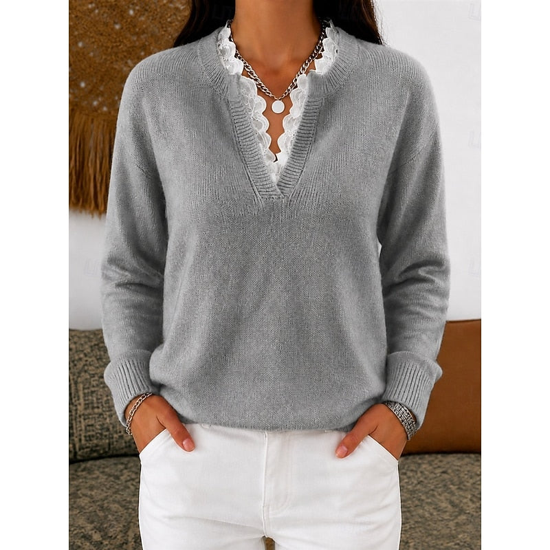 Women's Lace Trim Ribbed V Neck Top