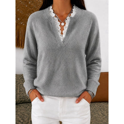 Women's Lace Trim Ribbed V Neck Top