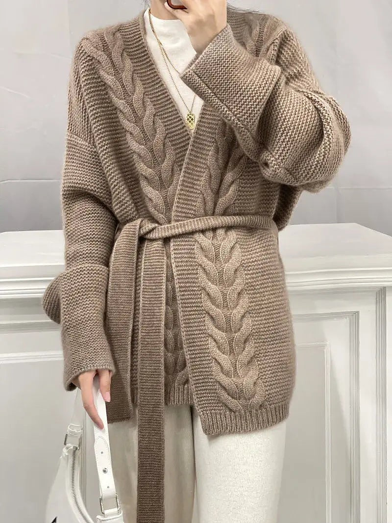Women's Belted Cable Knit Wrap Cardigan